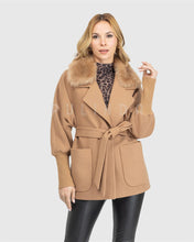 Load image into Gallery viewer, Fabric Jacket with Detachable Shearling Lamb Collar and Belt Trench Coat Women Leather Jackets for Ladies