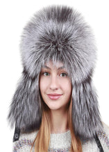 Load image into Gallery viewer, Fluffy Thickened Black Fur Ushanka Winter Hat for Ladies Warm Ushanka Ear Flap Trooper Silver fox Trapper Fur Hat