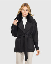 Load image into Gallery viewer, Fabric Jacket with Detachable Shearling Lamb Collar and Belt Trench Coat Women Leather Jackets for Ladies