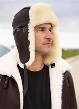 Load image into Gallery viewer, Men's sheepskin aviator cap, warm hat, earflap cap, wool hat