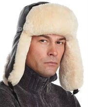 Load image into Gallery viewer, Men's sheepskin aviator cap, warm hat, earflap cap, wool hat