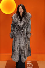 Load image into Gallery viewer, Full length natural karakul fur hooded coat with silver fox trim