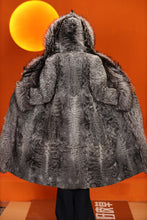 Load image into Gallery viewer, Full length natural karakul fur hooded coat with silver fox trim