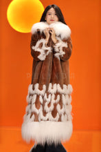 Load image into Gallery viewer, Full length natural Saga mink fur coat with fox trim