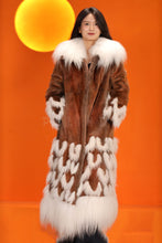 Load image into Gallery viewer, Full length natural Saga mink fur coat with fox trim