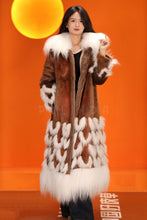 Load image into Gallery viewer, Full length natural Saga mink fur coat with fox trim