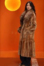 Load image into Gallery viewer, Full length natural rex rabbit fur coat with fox shawl collar