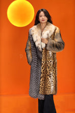 Load image into Gallery viewer, Full length natural fox and bobcat fur coat with lynx shawl collar