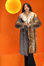 Load image into Gallery viewer, Full length natural fox and bobcat fur coat with lynx shawl collar