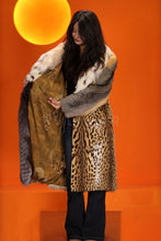 Load image into Gallery viewer, Full length natural fox and bobcat fur coat with lynx shawl collar