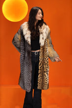 Load image into Gallery viewer, Full length natural fox and bobcat fur coat with lynx shawl collar