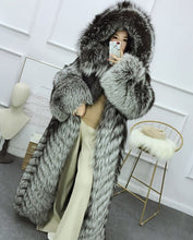 Load image into Gallery viewer, Full length Silver Fox Fur Long Coat with Hood