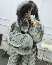 Load image into Gallery viewer, Full length Silver Fox Fur Long Coat with Hood