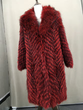 Load image into Gallery viewer, Natural Fox Fur Stripe Coat with Big Collar, Furry Fluffy Coat, Long, Real, Blue Color, Green, Red