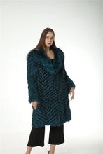 Load image into Gallery viewer, Natural Fox Fur Stripe Coat with Big Collar, Furry Fluffy Coat, Long, Real, Blue Color, Green, Red