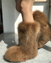 Load image into Gallery viewer, Fox Fur Flat High-top Snow Boots Black White Leapord pink Blue Brown fox Fur Boots Women Natural Fur Boot Winter
