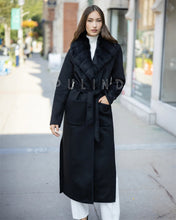 Load image into Gallery viewer, Belted Cashmere & Wool Coat with Detachable Shearling Lamb Collar Leather Jackets for Ladies Wool and Cashmere Coat