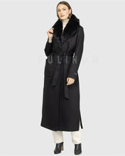 Load image into Gallery viewer, Belted Cashmere & Wool Coat with Detachable Shearling Lamb Collar Leather Jackets for Ladies Wool and Cashmere Coat