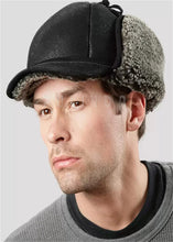 Load image into Gallery viewer, Frosted Black Shearling Sheepskin Hunting Hat for Men High Level Leather Hats Men's Black Leather Baseball Chapeau Fur Hats