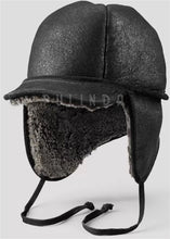 Load image into Gallery viewer, Frosted Black Shearling Sheepskin Hunting Hat for Men High Level Leather Hats Men's Black Leather Baseball Chapeau Fur Hats