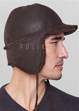 Load image into Gallery viewer, Frosted Black Shearling Sheepskin Hunting Hat for Men High Level Leather Hats Men's Black Leather Baseball Chapeau Fur Hats