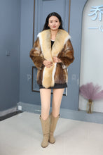 Load image into Gallery viewer, Natural Saga golden island fox fur coat & jacket with muskrat trim