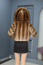 Load image into Gallery viewer, Natural muskrat hooded coat & jacket with racoon trim