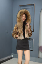 Load image into Gallery viewer, Natural muskrat hooded coat & jacket with racoon trim