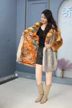 Load image into Gallery viewer, Mid-length genuine Saga red and gray fox fur coat with shawl collar