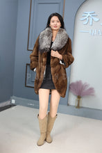 Load image into Gallery viewer, Mid-length natural Saga mink fur coat with silver fox shawl collar
