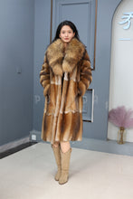 Load image into Gallery viewer, Full length muskrat fur coat with racoon shawl collar