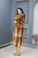 Load image into Gallery viewer, Full length muskrat fur coat with racoon shawl collar