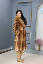 Load image into Gallery viewer, Full length muskrat fur coat with racoon shawl collar