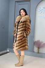 Load image into Gallery viewer, Full length muskrat fur hooded coat with racoon trim