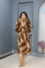 Load image into Gallery viewer, Full length muskrat fur coat with racoon shawl collar