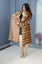 Load image into Gallery viewer, Full length muskrat fur coat with racoon trim
