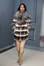 Load image into Gallery viewer, Natural chinchilla rex fur coat & jacket with silver fox shawl collar