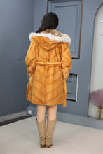 Load image into Gallery viewer, Mid-length Saga mink fur hooded coat with lynx trim
