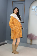 Load image into Gallery viewer, Mid-length Saga mink fur hooded coat with lynx trim