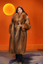 Load image into Gallery viewer, Full length natural finnraccoon fur coat with shawl collar