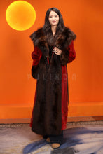 Load image into Gallery viewer, Full length natural Saga mink fur coat with raccoon shawl collar