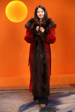 Load image into Gallery viewer, Full length natural Saga mink fur coat with raccoon shawl collar