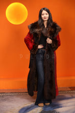 Load image into Gallery viewer, Full length natural Saga mink fur coat with raccoon shawl collar