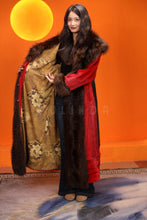 Load image into Gallery viewer, Full length natural Saga mink fur coat with raccoon shawl collar