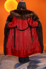 Load image into Gallery viewer, Full length natural Saga mink fur coat with raccoon shawl collar