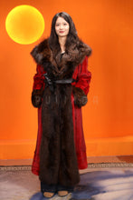 Load image into Gallery viewer, Full length natural Saga mink fur coat with raccoon shawl collar