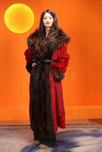 Load image into Gallery viewer, Full length natural Saga mink fur coat with raccoon shawl collar