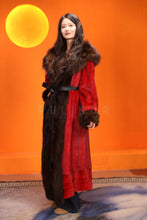 Load image into Gallery viewer, Full length natural Saga mink fur coat with raccoon shawl collar