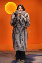Load image into Gallery viewer, Full length natural Saga silver fox fur coat with shawl collar