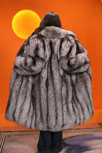 Load image into Gallery viewer, Full length natural Saga silver fox fur coat with shawl collar